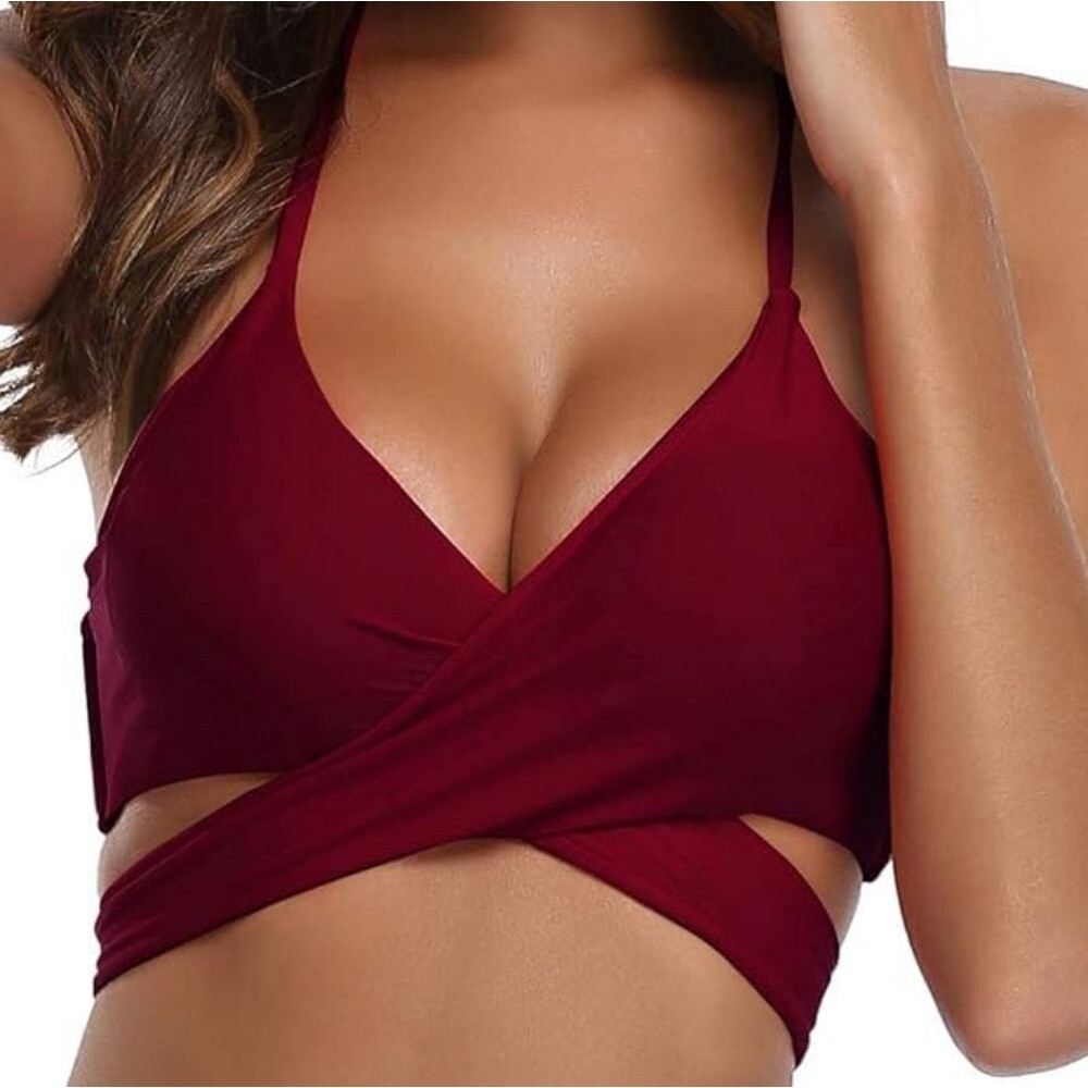 Shekini Deep Red Push Up Bikini Top and Retro High Waist Bottoms Size Small